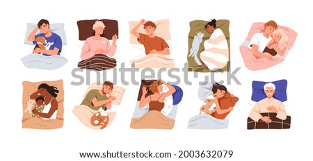 Set of happy people lying with pillows and blankets, sleeping alone and in couple in beds. Asleep men and women. Deep dream and bedtime concept. Flat vector illustration isolated on white background.