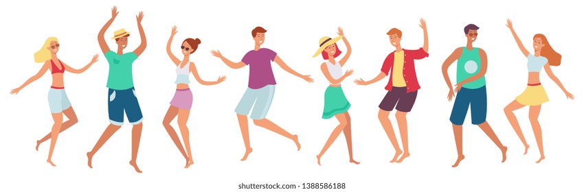 A Set Of Happy People, Men And Women Dancing At A Beach Party. Collection Of Young Men And Women Dancing On The Beach In Summer Clothes, Vector Flat Cartoon Illustration.