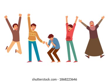 Set of happy people. Multicultural men and women jumping with raised hands in various poses. Characters in vector flat style.