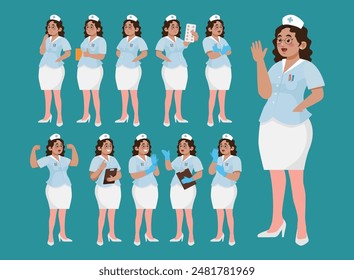 Set of Happy people in nurse uniform with different acting