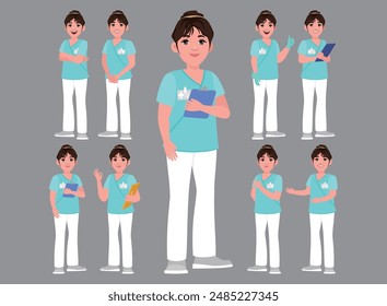 Set of Happy people in nurse uniform with different acting