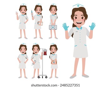 Set of Happy people in nurse uniform with different acting