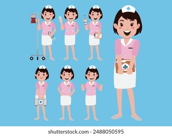 Set of Happy people in nurse uniform with different acting