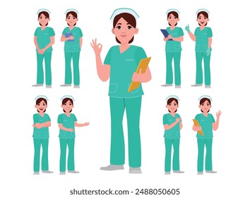 Set of Happy people in nurse uniform with different acting