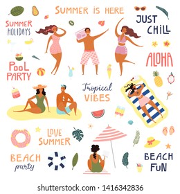 Set of happy people on the beach, quotes, drinks, fruits, palm leaves. Hand drawn vector illustration. Isolated objects on white background. Flat style design. Concept, element summer poster, banner.