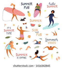 Set of happy people on the beach, quotes, drinks, fruits, palm leaves. Hand drawn vector illustration. Isolated objects on white background. Flat style design. Concept, element summer poster, banner.