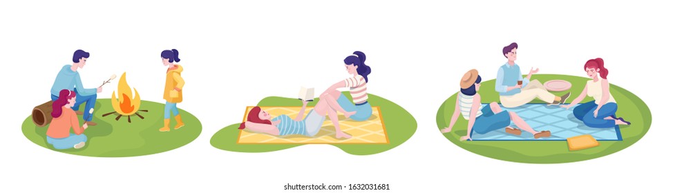 Set of happy people on summer camping or weekend flat vector illustration. Best friend characters at summer picnic, family cooking marshmallow, and two young girls spending time together.