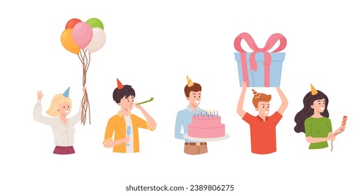 Set of happy people at party flat style, vector illustration isolated on white background. Decorative design elements collection, characters with gift box, cake and holiday hats