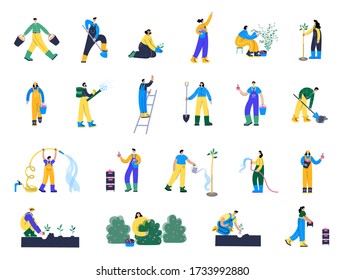 Set of happy people planting plant and tree, picking apples, raspberries, berries in basket and spray fertilizer during harvest. Adult male, female action characters. Gardening concept for poster.