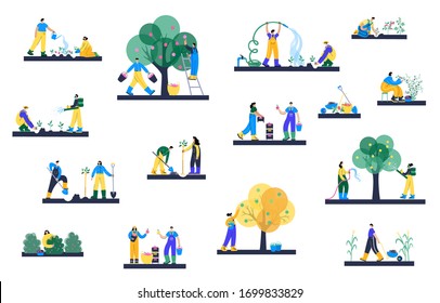 Set of happy people planting seedlings, watering tree, picking apples and berries in basket and spray fertilizer during harvest. Flat vector illustration on white background. Garden poster concept