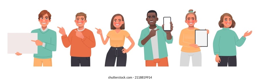 Set of happy people pointing to the side, phone and tablet, blank banner. Character for the presentation of goods or services. Men and women point to something. Vector illustration in cartoon style