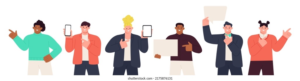 Set of happy people pointing to the side, phone and tablet, blank banner. Character for the presentation of goods or services. Men and women point to something. Vector illustration 
