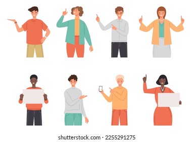 Set of happy people pointing to the side, phone, blank banner. Character for the presentation of goods or services. Men and women point to something. Vector illustration in flat style