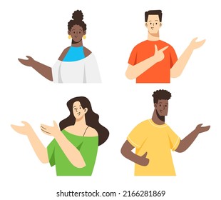 Set of happy people pointing to something. Character for the presentation of goods or services. Men and women showing something or presenting project