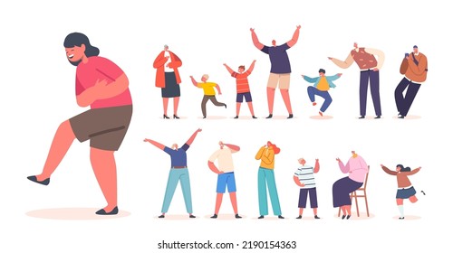 Set of Happy People Positive Emotions. Kids, Seniors and Adult Characters Raising and Waving Hands Celebrate Success, Greeting Gestures, Laugh and Fun Expressions. Cartoon Vector Illustration