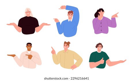 Set of happy people presenting with forefinger. Flat vector illustration isolated on white background
