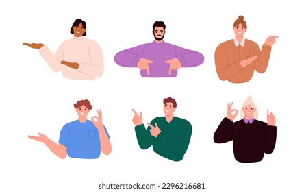 Set of happy people presenting with forefinger. Flat vector illustration isolated on white background
