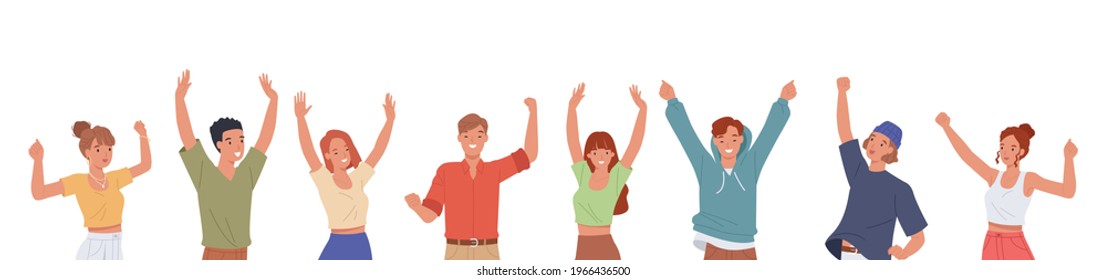Set of happy people raising hands celebrating success. Positive and laughing men and women. Vector illustration in a flat style