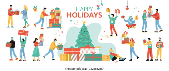 Set of happy people received presents. Flat cartoon colorful vector illustration. Group of joyful people celebrate Christmas and hold gifts. Isolated images on a white background.