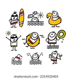 Set of happy people resting on the beach. Vector illustration of swimming, surfing and having fun young boys near the sea coast.   Cartoon collection of stickman  isolated on white background. svg