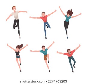 Set of happy people running with their arms outstretched. Freedom, carelessness, joy cartoon vector illustration