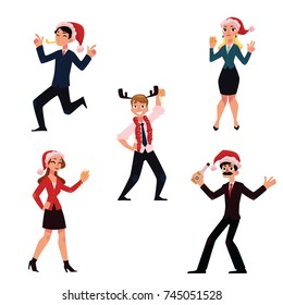 Set of happy people in Santa Claus hats celebrating Christmas, corporate Xmas party, cartoon vector illustration isolated on white background. People in Santa Claus hats having fun at Christmas party