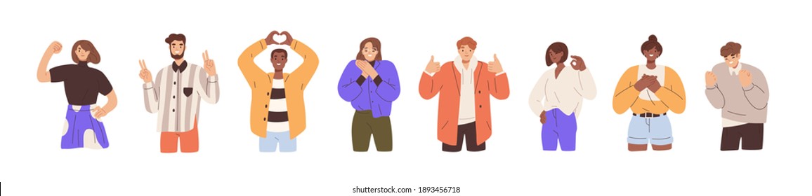 Set of happy people showing various positive emotions with gestures. Ok sign, clenched fist, thumbs up, victory fingers and hand heart. Colored flat vector illustration isolated on white background