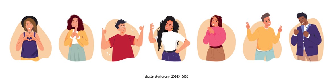 Set of happy people showing various positive emotions and gestures. Characters with Ok sign, clenched fist, thumbs up, victory fingers and hand heart. Colored flat vector isolated illustration.