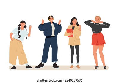 Set of happy people showing various positive emotions with gestures. Color flat vector illustration isolated on white background