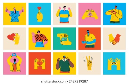 Conjunto de personas felices mostrando diversas emociones positivas con gestos. Ok signo, pulgares arriba, dedos de la victoria y corazón de la mano. Ilustración vectorial plana de color aislada sobre fondo blanco