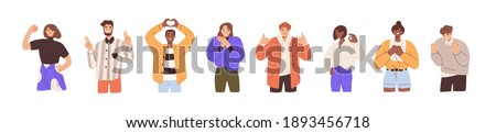 Set of happy people showing various positive emotions with gestures. Ok sign, clenched fist, thumbs up, victory fingers and hand heart. Colored flat vector illustration isolated on white background Stock photo © 