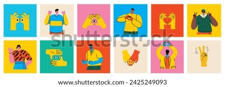 Set of happy people showing various positive emotions with gestures. Ok sign, thumbs up, victory fingers and hand heart. Colored flat vector illustration isolated on white background
