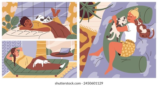 Conjunto de gente feliz durmiendo con gatos. Terapia de mascotas. Ilustraciones vectoriales de hombres y mujeres dormidos con mascotas. Concepto de descanso, relajación.