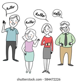 Set of happy people standing and greeting someone with word bubble "Hello" included. . Vector illustration with doodle style.