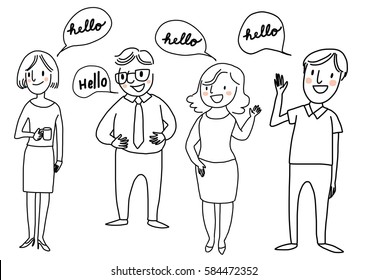 Set of happy people standing and greeting someone with word bubble "Hello" included. . Vector illustration with doodle style.