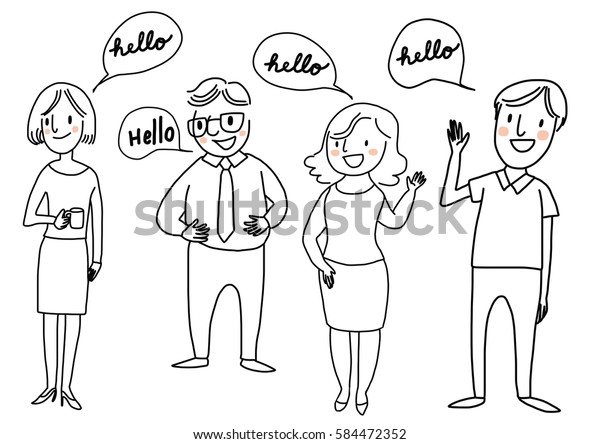 幸せな人々が立ち上がり 誰かに こんにちは という言葉を添えて挨拶をする 落書き風のベクターイラスト のベクター画像素材 ロイヤリティフリー