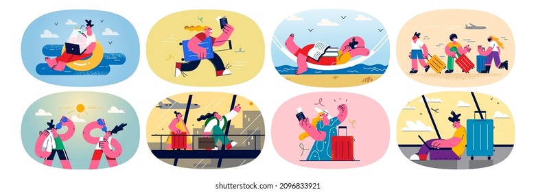 Set of happy people with suitcases in airport ready for summer vacation. Collection of excited travelers or tourists with baggage go for holidays abroad. Open borders. Flat vector illustration. 