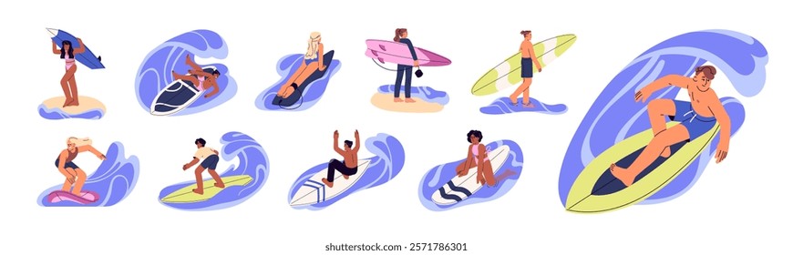 Set of happy people surfing, catching a wave. Surfers ride on board at sea, do stunts, tricks with surfboard on ocean. Summer on beach resort. Flat isolated vector illustrations on white background