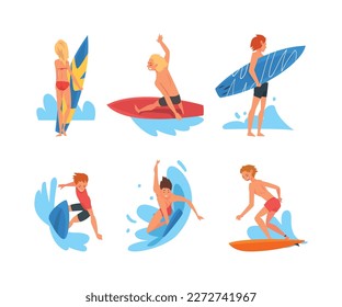 Set of happy people surfing in sea or ocean set. Surfers in beachwear riding surfboards cartoon vector illustration i