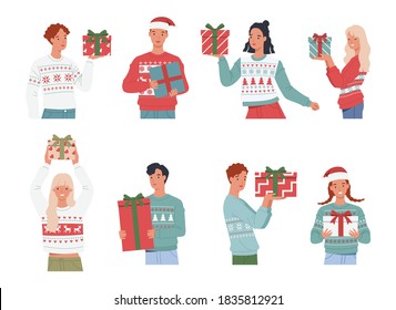 Set of happy people in sweaters with Christmas gifts. Vector illustration in a flat style