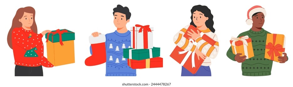 Set of happy people in sweaters with Christmas gifts. Vector illustration in a flat style