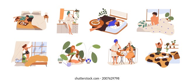 Set of happy people and their morning routine and habits. Sleepy man and woman waking up, stretching in bed, eating breakfast. Flat graphic vector illustration of wakeup isolated on white background