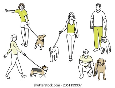 Set Of Happy People Walking Their Dogs On Leashes. Vector Simple Flat Line Drawings Isolated On A White Background.