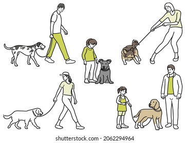 Set Of Happy People Walking Their Dogs On Leashes. Vector Simple Flat Line Drawings Isolated On A White Background.