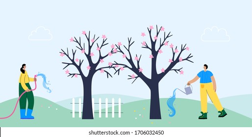 Set of happy people, watering apple tree in spring. Adult male and female cartoon action characters. Flat vector illustration on white background. Gardening concept for poster, banner