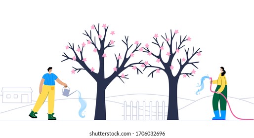 Set of happy people, watering apple tree in spring. Adult male and female cartoon action characters. Flat vector illustration on white background. Gardening concept for poster, banner