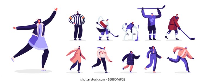 Set of Happy People Wearing Warm Clothes Skating, Hockey Players in Uniform Playing. Male and Female Characters Skaters on Ice Rink, Men and Women Isolated on White Background. Cartoon Illustration