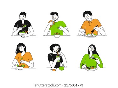 Set of happy people who eat delicious healthy food. Balanced menu. Diet. Healthy lifestyle. Vector trendy flat illustration