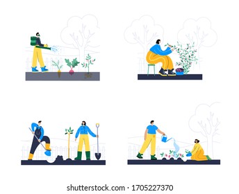 Set of happy people who plant plants and watering with a shovel and sprays fertilizer. Adult male and female cartoon action characters.  Gardening concept for poster, banner.