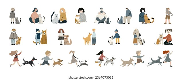Set of happy pet owners with cats and dogs. Love and friendship between human and pet. Flat vector illustration. Isolated on white background.